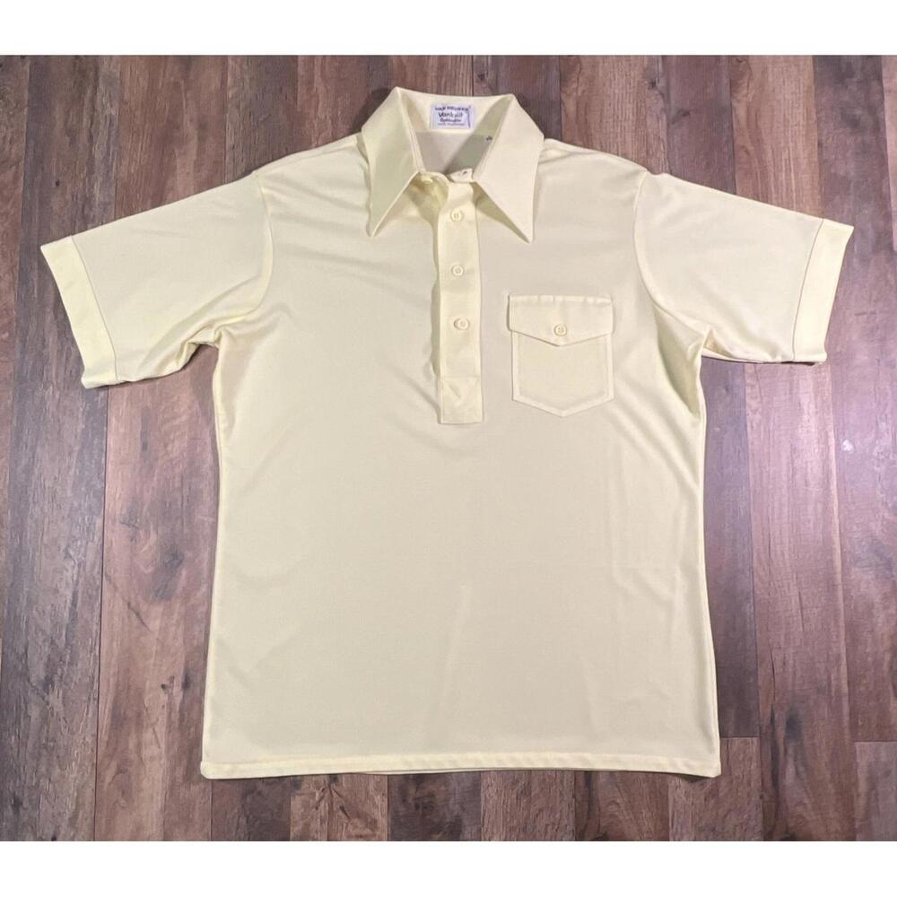 vtg Van Heusen YELLOW Short Sleeve Splendor LARGE 70s Polyester Disco Vintage.